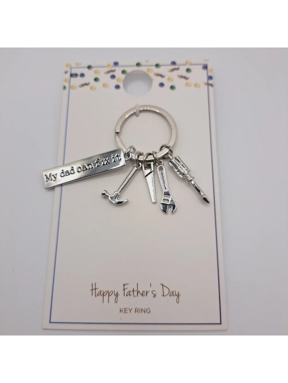 Fathers Day My Dad Can Fix It Keyring with Tool Charms Stocking Stuffer Silver